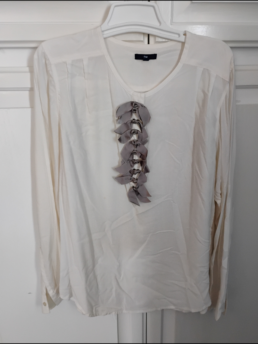 Cream Long-Sleeve Bow Front Blouse